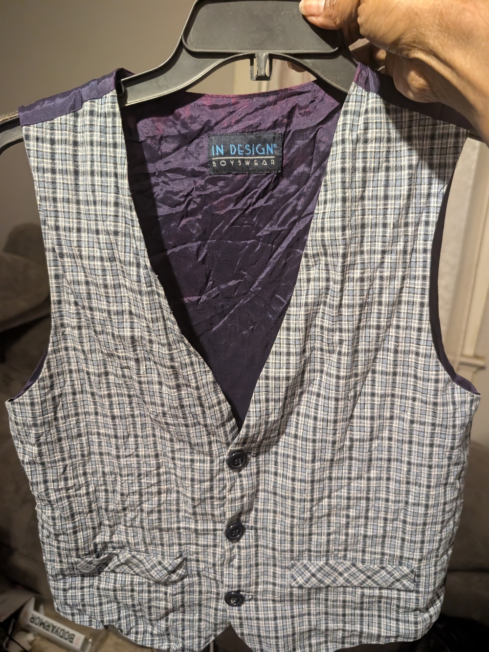 Tion Design Gray Plaid Vest with Navy Lining